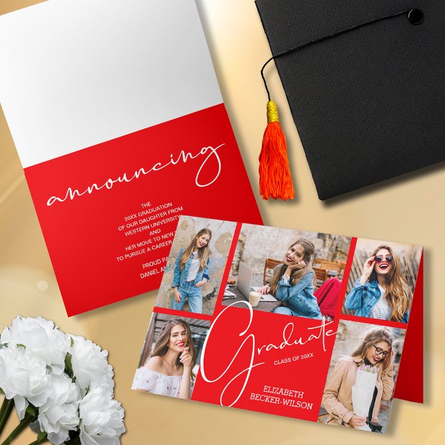 5 Fotorött Studenten-meddelande Inbjudan (Folded 5 photo collage graduation announcements)