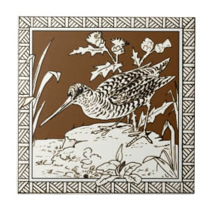 #5 i 12 Repro 1880s Minton Mocha Bird Series Kakelplatta