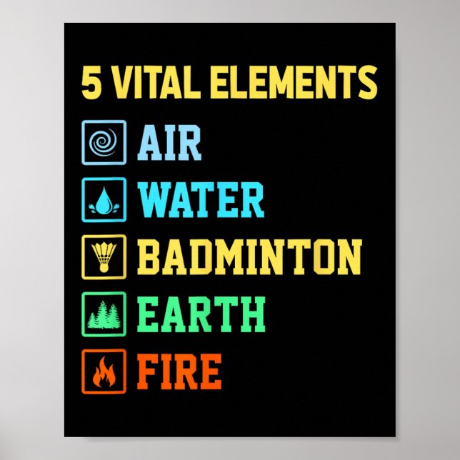 5 livsviktiga element Luft Vatten Badminton Jord E Poster (Framsidan)
