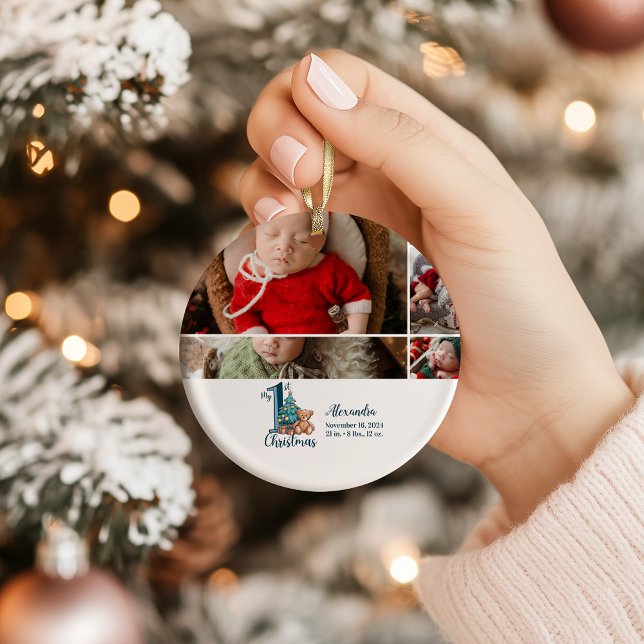 5 Photo Blue Teddy Baby 1st Christmas Julgransprydnad Keramik (Skapare uppladdad)