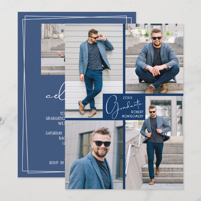 5 Photo Collage Blue-Studentfest Inbjudningar (Fram/baksida)