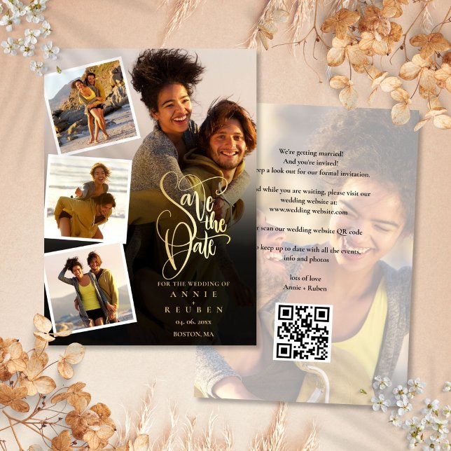5 Photo Collage Bröllop Guld-skript QR-kod Spara Datumet (5 Photo Collage Wedding Gold Script QR Code Save The Date)