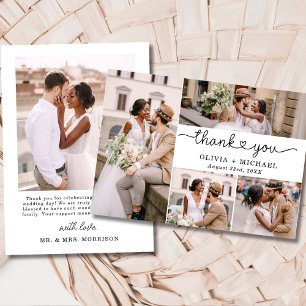 5 Photo Collage Elegant Script Bröllop Tack Kort