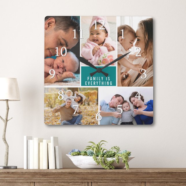 5 Photo Collage Family Is Everything Quote Teal Fyrkantig Klocka (Skapare uppladdad)