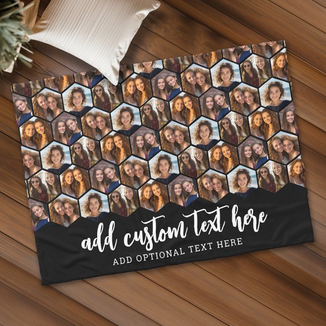 5 Photo Collage Funky Hexagon Mönster - svart Fleecefilt (Personalized fleece blanket with 5 photos and custom text)
