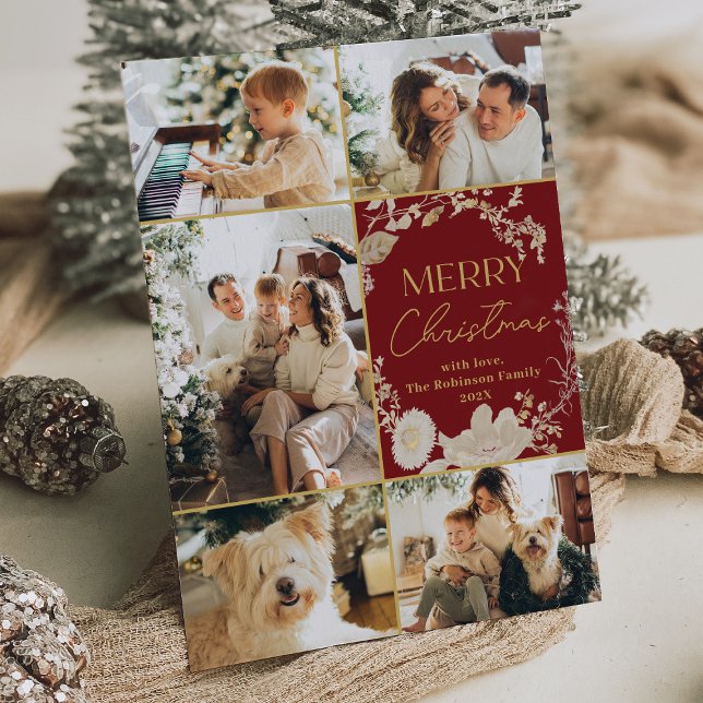 5 Photo Collage Guld Red God jul Card Julkort (Skapare uppladdad)