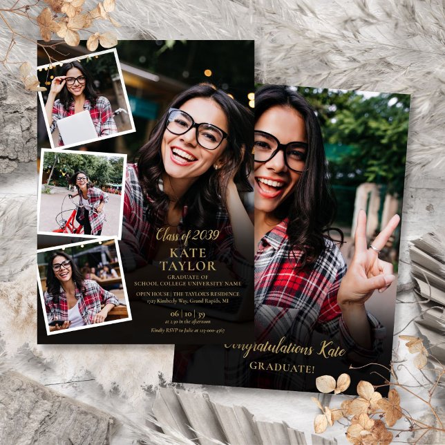 5 Photo Collage Guld Studentfest Inbjudningar (5 Photo Collage Gold Graduation Party Invitation)