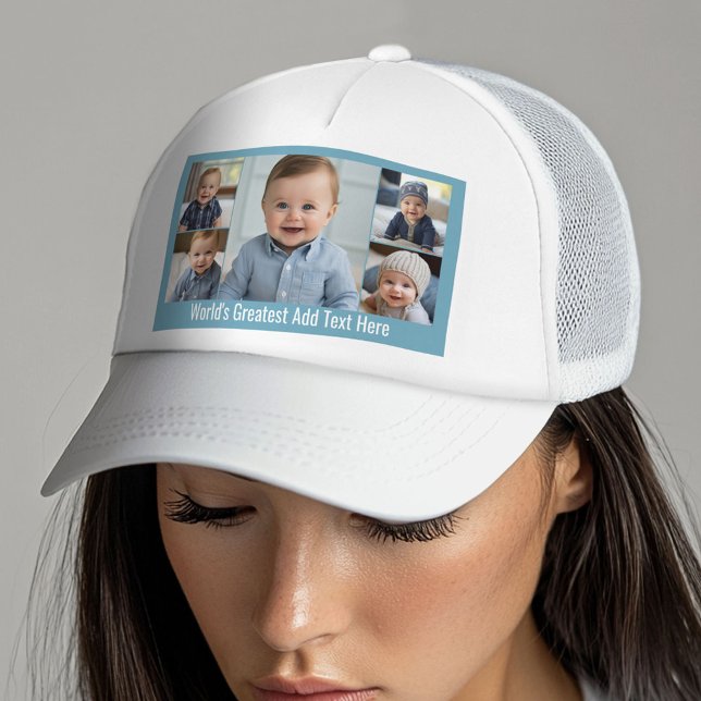 5 Photo Collage Modern Minimal Blue White Keps (Custom Trucker Hat with Photo Collage)