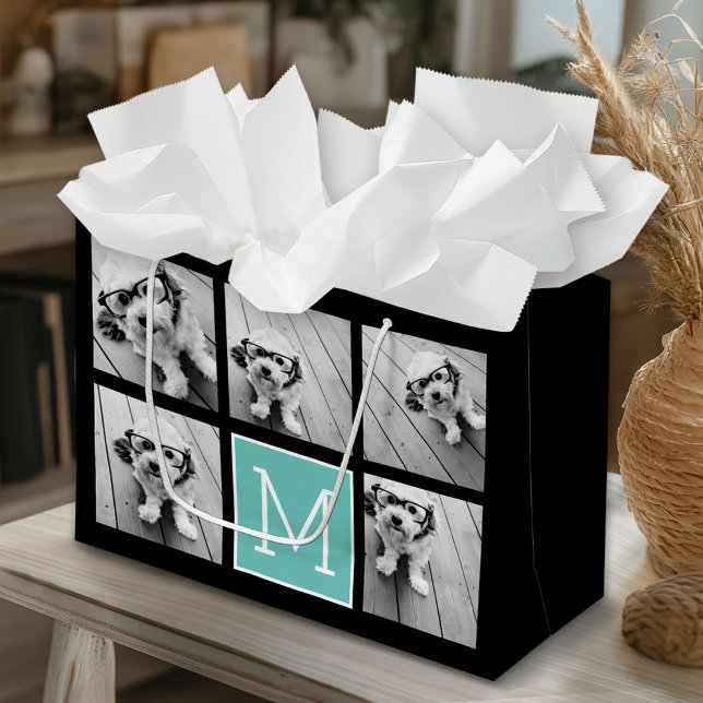 5 Photo Collage Monogram Black and Teal (Custom Gift Bag)
