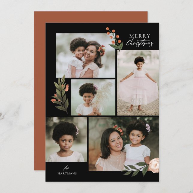 5 Photo Collage Terracotta Boho Blommigt jul Julkort (Fram/baksida)