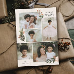 5 Photo Collage Terracotta Boho Blommigt jul Julkort<br><div class="desc">Det här vackra fotokollage julkortet har en handmålad helgdag av blommigt inslag på oliv grönt, elfenbensfärgad och terracotta-bränd orange. Snyggt, handskriven typografi lyder: "God jul". Bakgrunden på kortets framsida är elfenben, och baksidan av kortet har en terracotta-färgadens bakgrund. Båda färger i bakgrunden kan anpassas till vilket färg som helst. Om...</div>