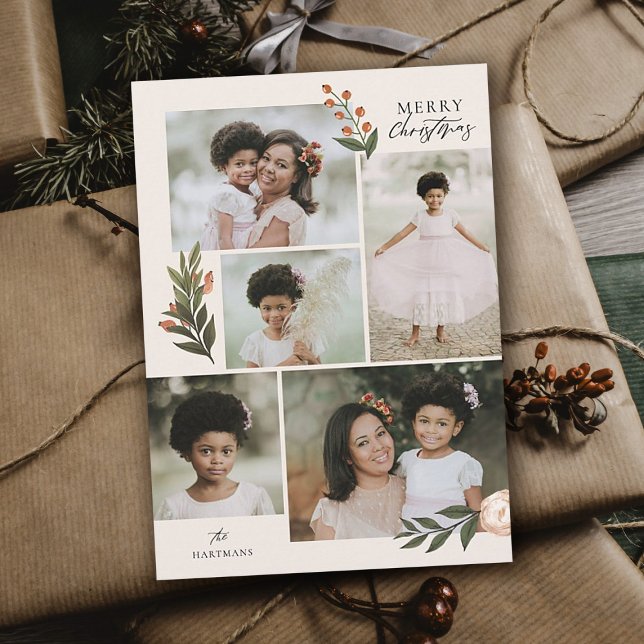 5 Photo Collage Terracotta Boho Blommigt jul Julkort (Skapare uppladdad)