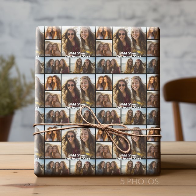 5 Photo Collage-valfri text - CAN Edit Black Presentpapper (Custom Photo Collage Wrapping Paper - All Occasion)