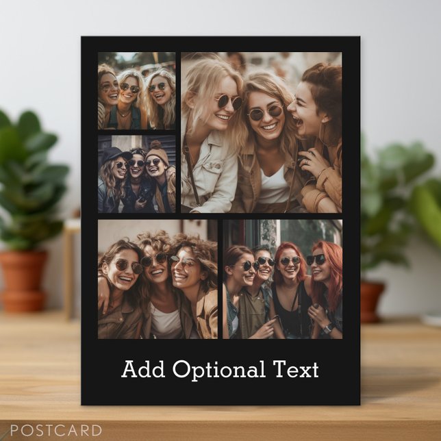 5 Photo Collage-valfri text - CAN Edit Black Vykort (Personalized Photo Postcard)