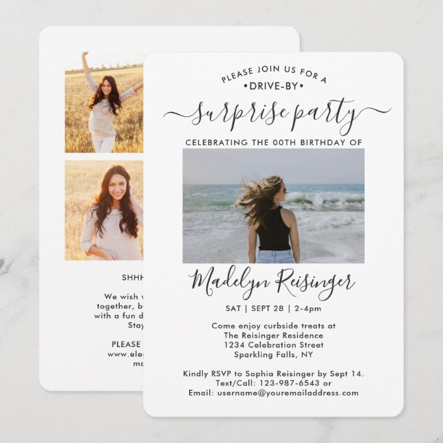 5 Photo Drive by Surprise Födelsedagsfest Parad Inbjudningar (Fram/baksida)
