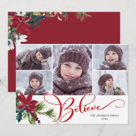 5 Photo Elegant Poinsettia jul BELIEVE Julkort