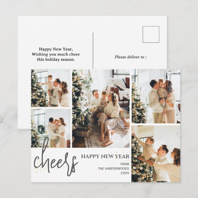 5 Photo Elegant Script Modern Gott nytt år Helg Vykort (Fram/baksida)