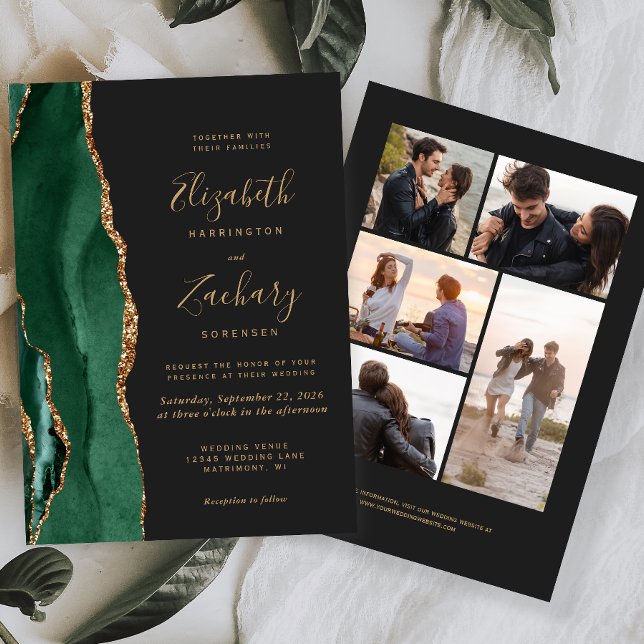 5-Photo Emerald Grönt Guld Agate Mörk Bröllop Inbjudningar (Skapare uppladdad)