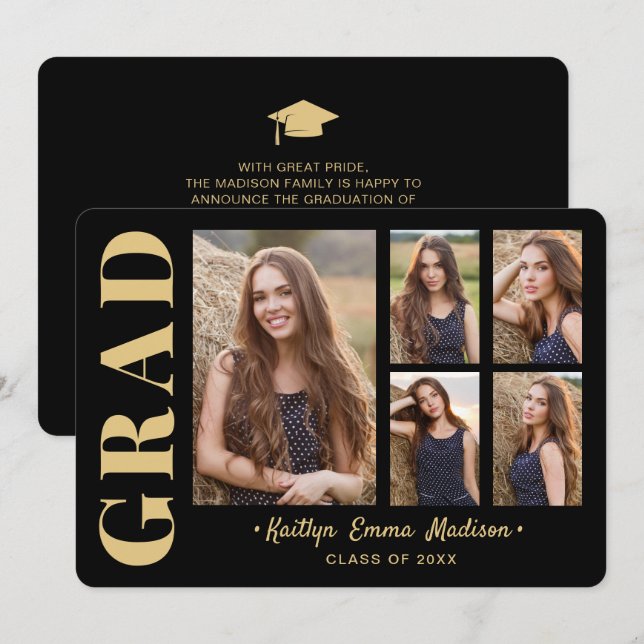 5 Photo Grad Collage Modern Script Black och Guld Meddelande (Fram/baksida)