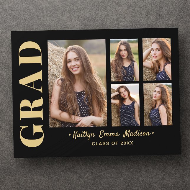 5 Photo Grad Collage Modern Script Black och Guld Vykort (Skapare uppladdad)