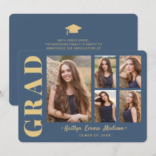 5 Photo Grad Collage Modern Script Blue och Guld Meddelande