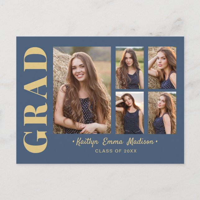5 Photo Grad Collage Modern Script Blue och Guld Vykort (Framsida)