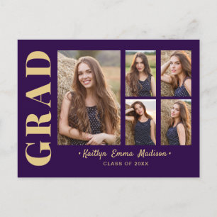 5 Photo Grad Collage Modern Script Lila och Guld Vykort