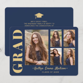 5 Photo Grad Collage Modern Script Navy Blue Guld Meddelande