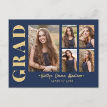 5 Photo Grad Collage Modern Script Navy Blue Guld