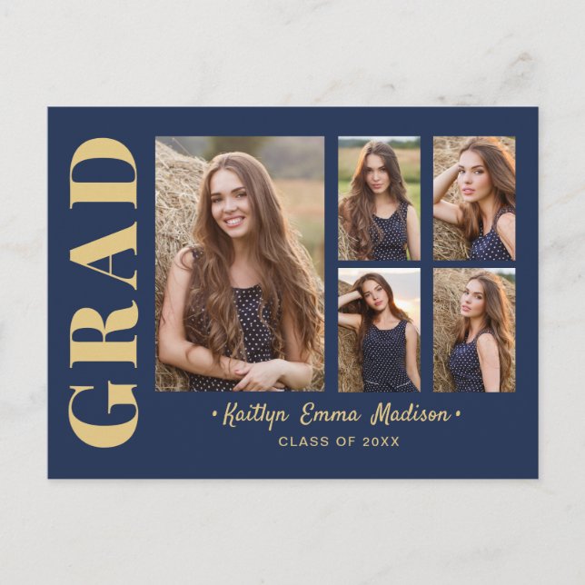 5 Photo Grad Collage Modern Script Navy Blue Guld Vykort (Framsida)