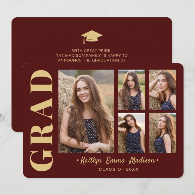 5 Photo Grad Collage Modern Script Red och Guld Meddelande (Fram/baksida)
