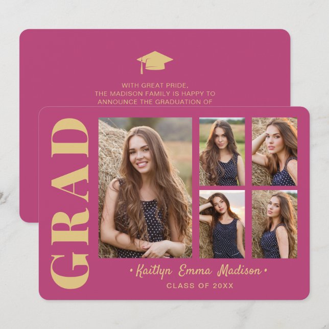 5 Photo Grad Collage Modern Script Rosa och Guld Meddelande (Fram/baksida)