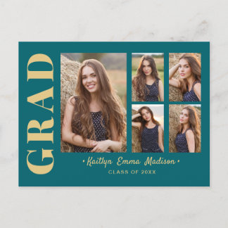 5 Photo Grad Collage Modern Script Teal och Guld Vykort