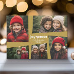 5 Photo Helgdag Collage Retro Joy and Peace - Guld Julkort<br><div class="desc">En funky efter modern fotokollage ram med en reflex. Med det här helgdag visas fem av dina favoritfoton i skuggorna av guld. Använda fem bilder för att göra ett unikt och trendig God jul memento. Om du vill flytta något runt klickar du på knappen Anpassa för att göra ändringar.</div>