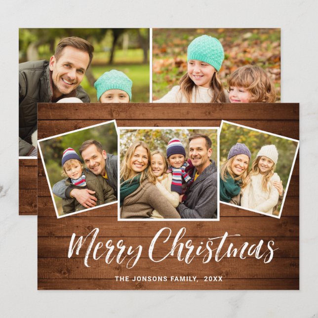 5 PHOTO-jul Rustic Brown Wood Hälsning Julkort (Fram/baksida)