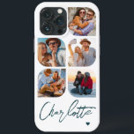 5 Photo Modern Trendig Enkel Personlig Namn<br><div class="desc">5 Photo Modern Trendig Simple Heart Personlig Namn iPhone Telefonväskor innehåller fem av dina favoritfoton med personlig namn i elegant-blått kalligrafskript som accentueras med ett kärlek-hjärta. Anpassa genom att redigera texten i textrutan. Perfekt för födelsedag, jul, Mors dag, babyduschar, möhippor, mamma, syster, kusiner, bästa vänner med mera. PHOTO TIP: centrera...</div>