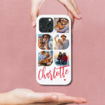 5 Photo Modern Trendig Enkel Personlig Namn<br><div class="desc">5 Photo Modern Trendig Simple Heart Personlig Namn iPhone Telefonväskor innehåller fem av dina favoritfoton med personlig namn i calligraphy-skript för elegant rosa som accentueras med ett kärlek-hjärta. Anpassa genom att redigera texten i textrutan. Perfekt för födelsedag, jul, Mors dag, babyduschar, möhippor, mamma, syster, kusiner, bästa vänner med mera. PHOTO...</div>