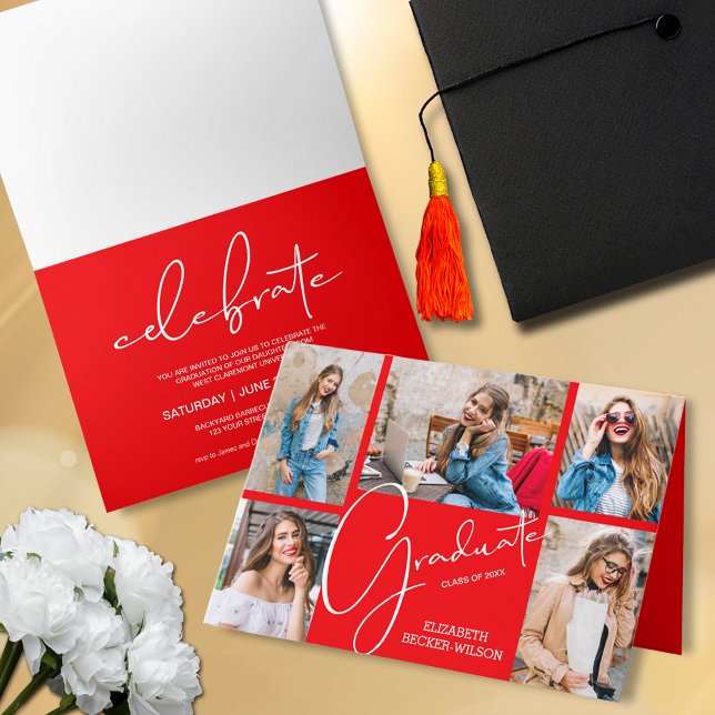 5 Photo Red Studenten Inbjudan (Folded 5 photo collage red graduation party invitations)