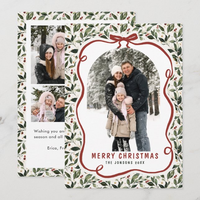 5 Photo Retro Christmas Hand Drawn Red Bow Ribbon Julkort (Fram/baksida)