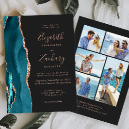 5-Photo Teal Blue Rose Gold Agate Dark Wedding Inbjudningar