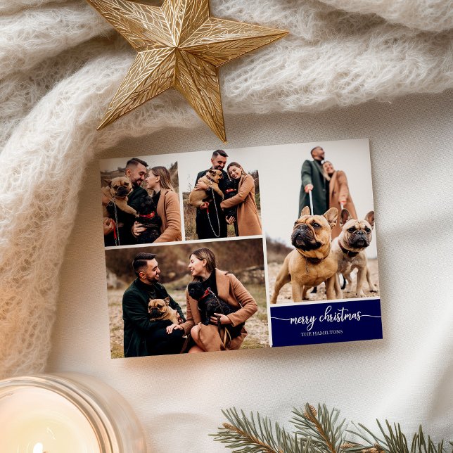 5 Photos Collage Snyggt Font God jul Blue Vykort (Skapare uppladdad)