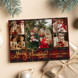 5 photos Merry Christmas elegant script red plaid Julkort