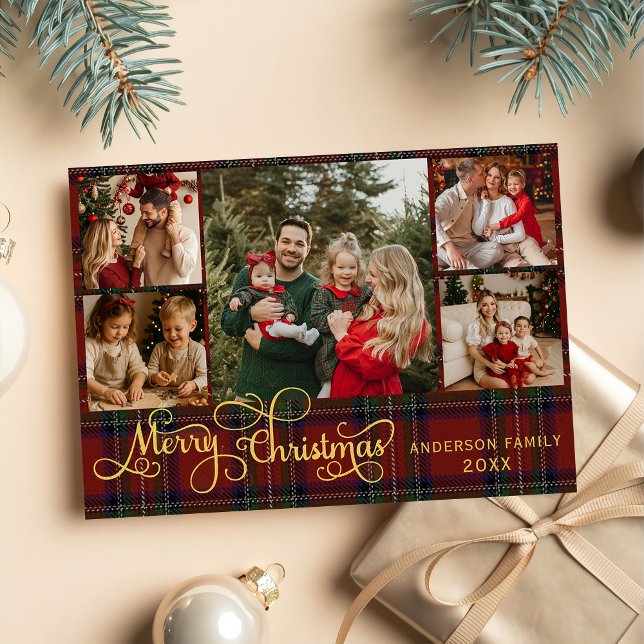 5 photos Merry Christmas elegant script red plaid Julkort (Skapare uppladdad)