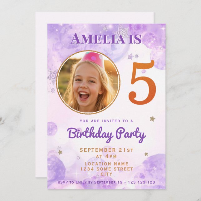 5 Purple Gold Star Bubbles 5th Birthday Invitation Inbjudningar (Fram/baksida)
