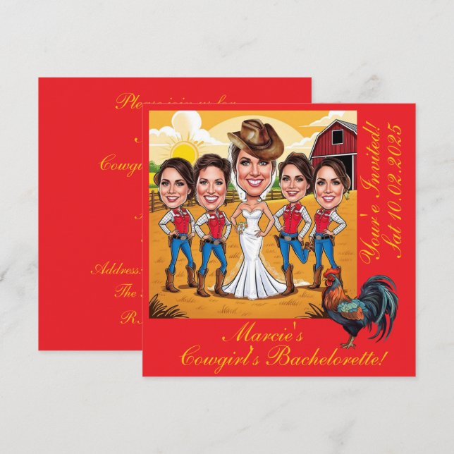 5 Rustic Cowgirl caricatures Bachelorette Inbjudningar (Fram/baksida)