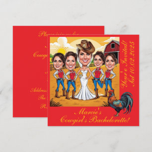 5 Rustic Cowgirl caricatures Bachelorette Inbjudningar