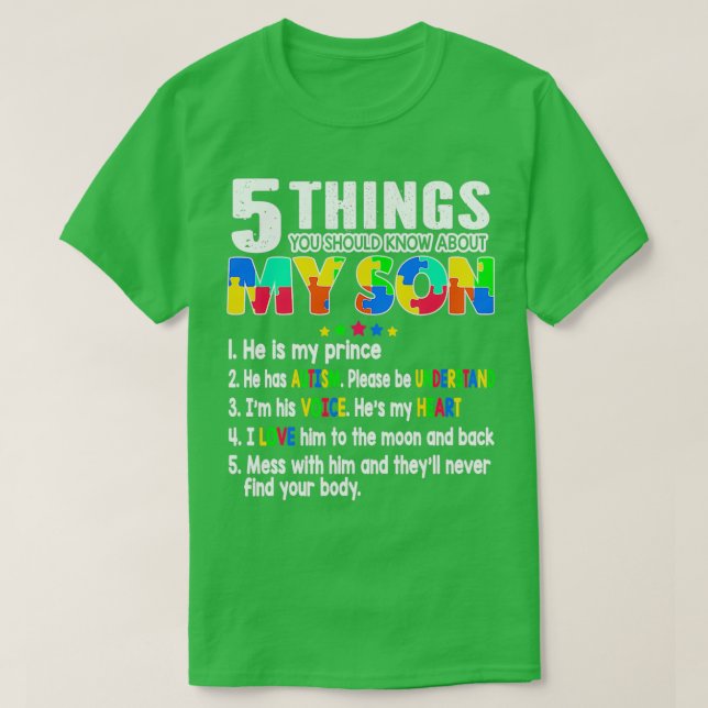 5 Sak du ska veta om min son Autism Medveten T Shirt (Design framsida)