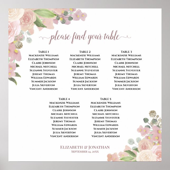 5 Sätesdiagram för Bord Rustic Rosa ros Bröllop Poster (Framsidan)