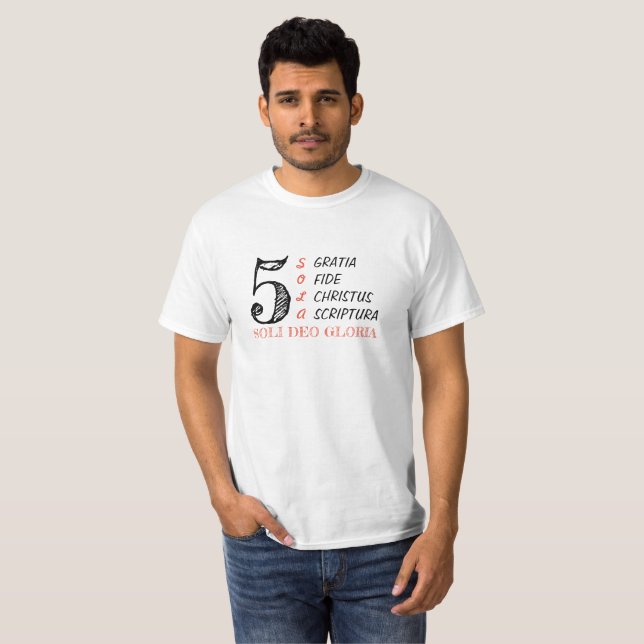 5 SOLAs T-Shirt för reformerta kristna män (Hel framsida)