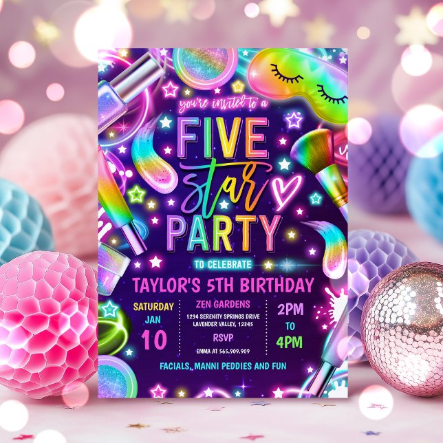 5 stjärnor Party Neon Glow Spa Makeup 5:e födelsed Inbjudningar (Skapare uppladdad)